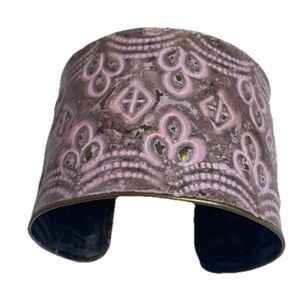 Metal Cuff Bracelet Pressed Design of Cross and Scallops Pink